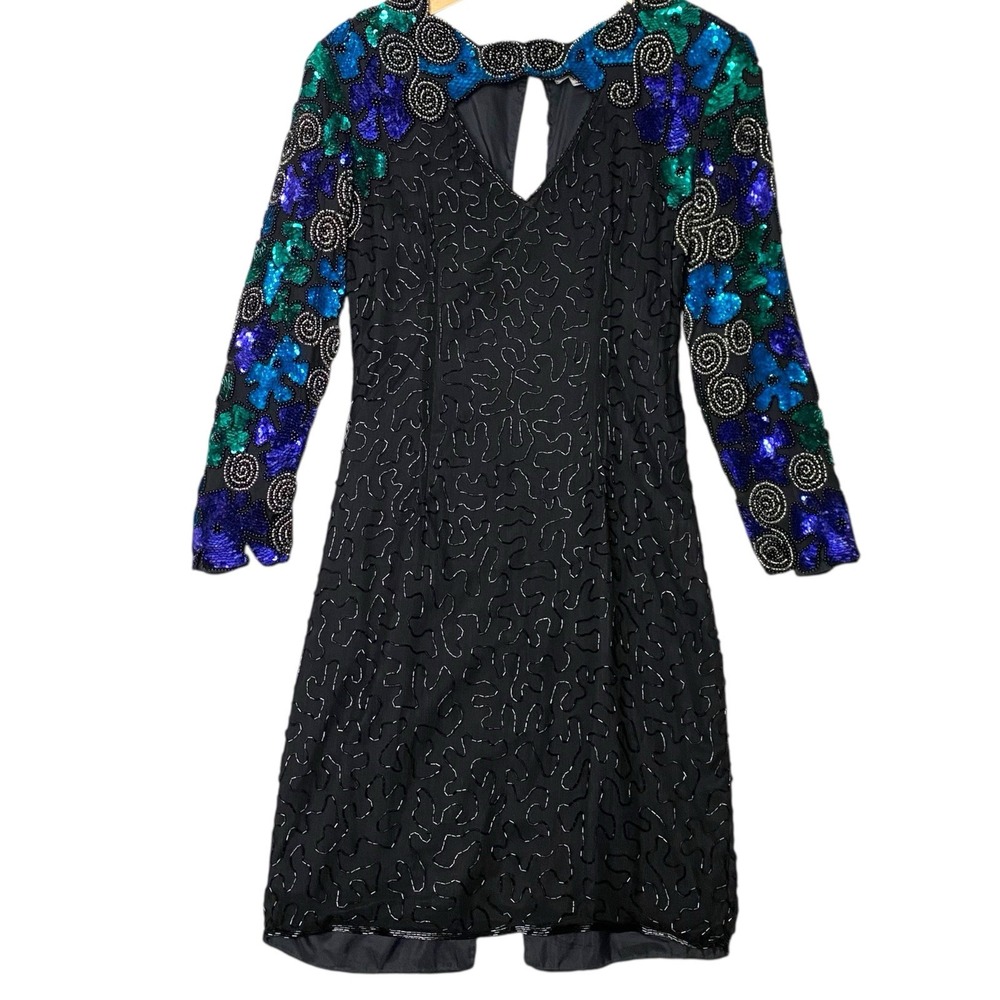 Vintage Scala Silk Beaded Sequins Dress Petite S Black 80s 90s Formal Evening‎